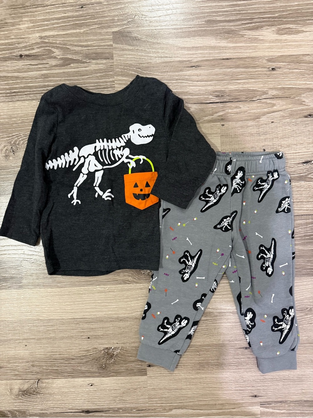 Cat & Jack Black Dino Skeleton Pajama Set with Orange Pumpkin